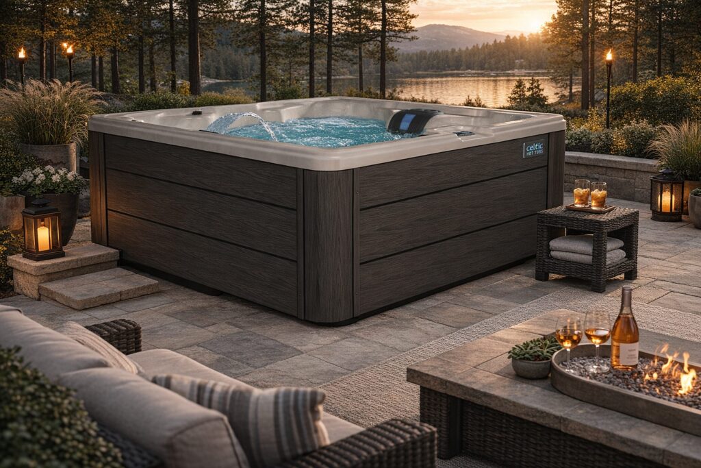 Vierkante jacuzzi met donkere houtlook-zijpanelen op een terras aan een meer bij zonsondergang, de Celtic Clover 250