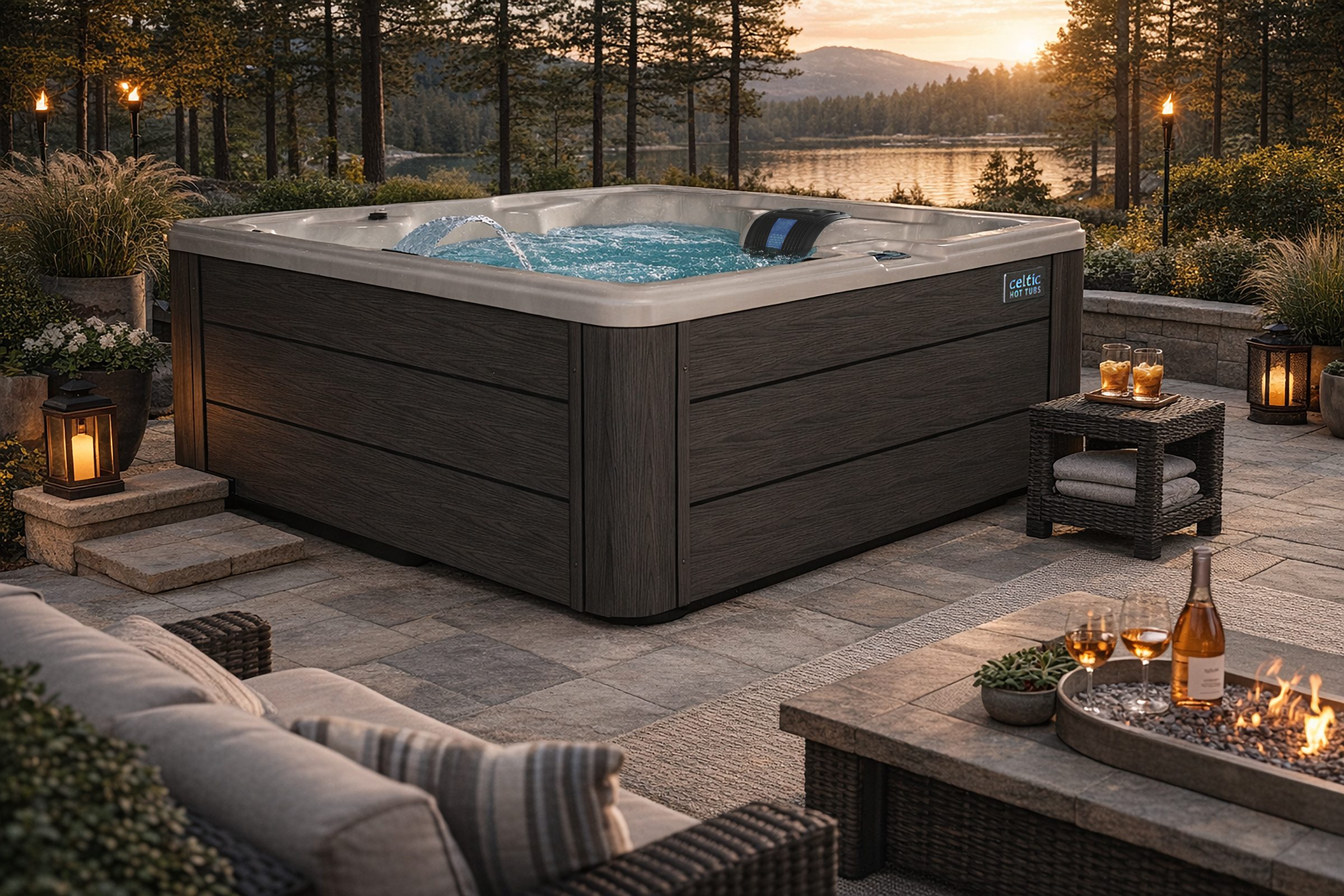 Celtic Hot Tubs Clover 250 bij een meer tijdens zonsondergang