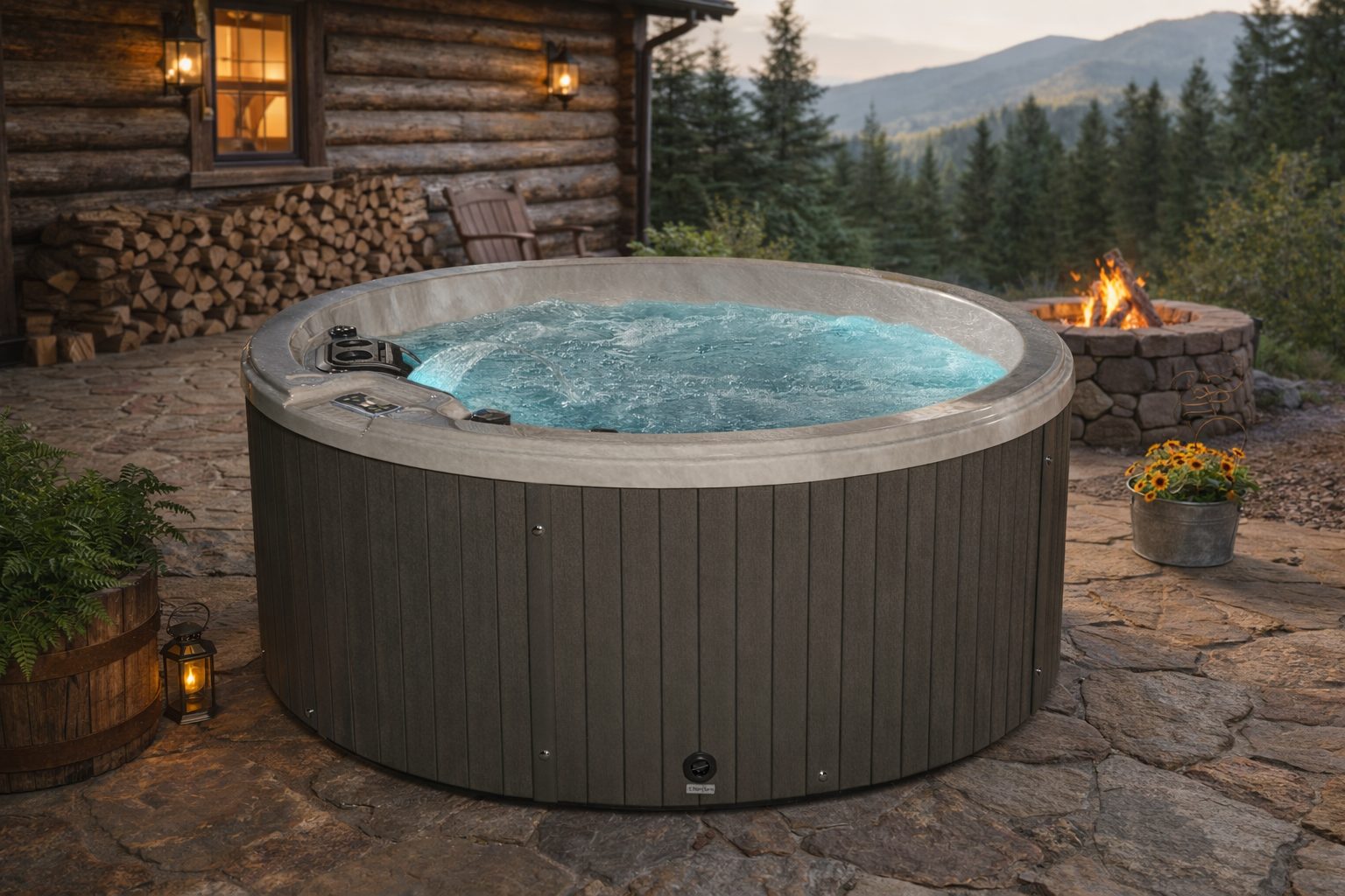 Ronde hottub bij een blokhut met een vuurplaats en bos op de achtergrond, sfeerbeeld bij het hottub-aanbod dat AquaVuro via het dealernetwerk levert
