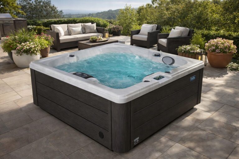 Celtic Hot Tubs Mystic 120 op een terras met loungemeubilair