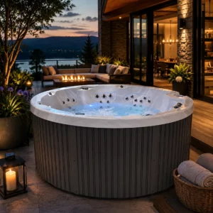 Ronde Harmonic Hot Tubs H28RB met HDPE kast bij zonsondergang aan het water