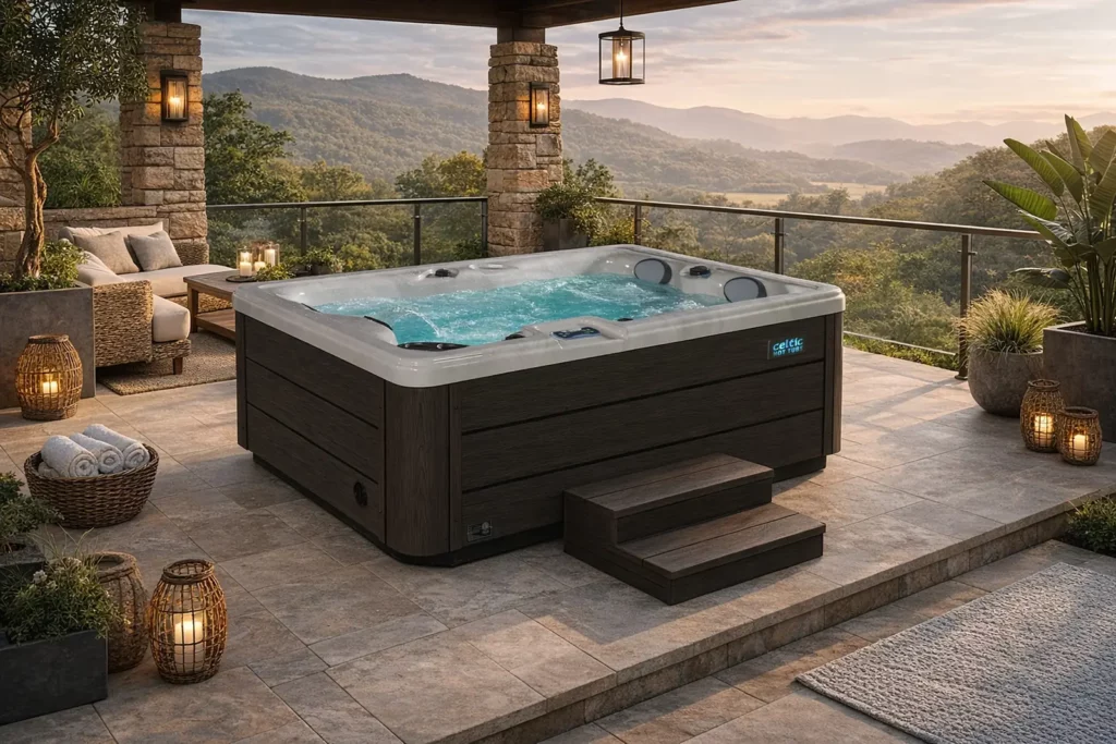 De Celtic Kozy, een jacuzzi met grijze kuip en donkere houtlook-kast op een overdekt terras met stenen pilaren en lantaarns, met uitzicht over een beboste heuvelrug bij schemering