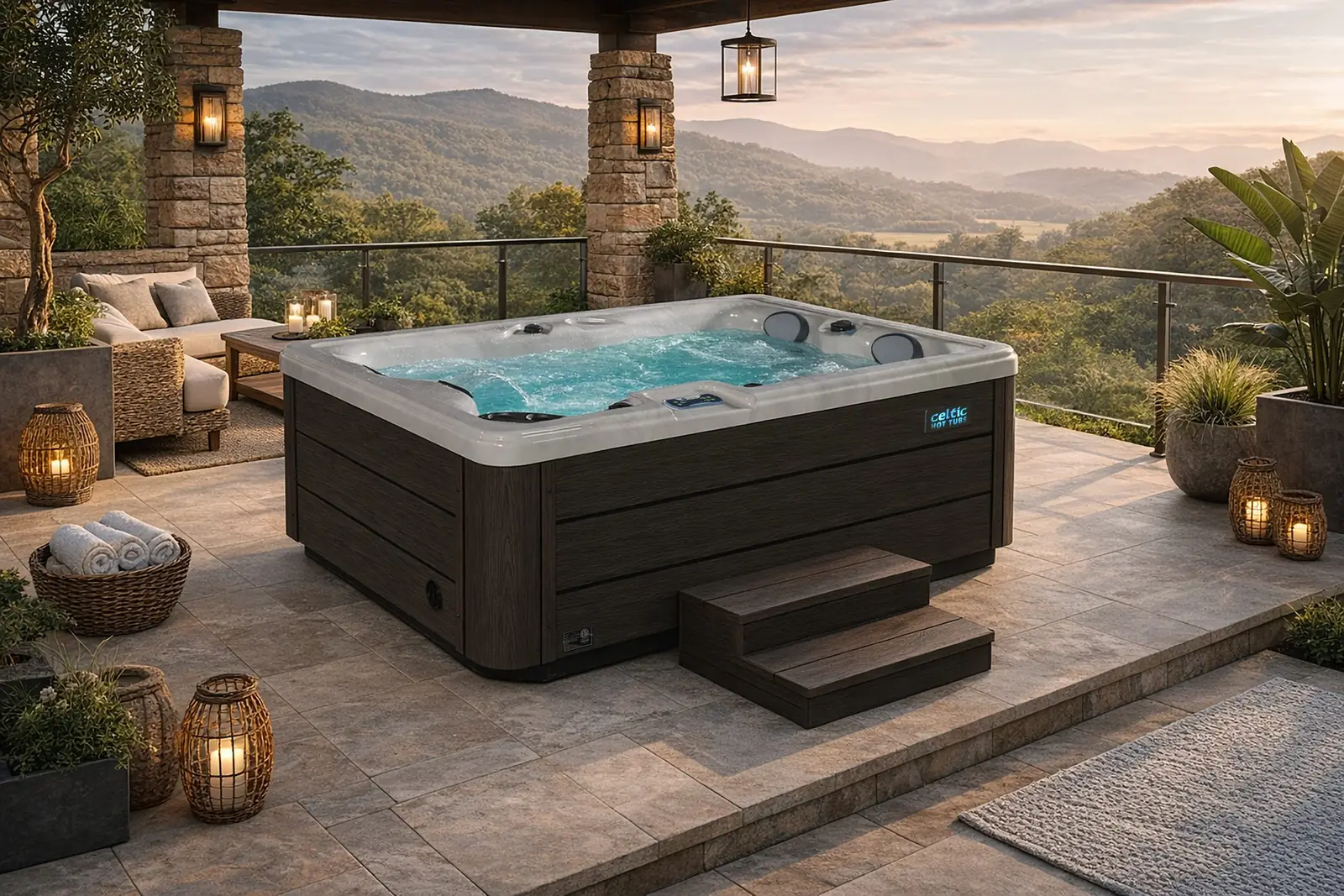 De Celtic Kozy, een jacuzzi met grijze kuip en donkere houtlook-kast op een overdekt terras met stenen pilaren en lantaarns, met uitzicht over een beboste heuvelrug bij schemering
