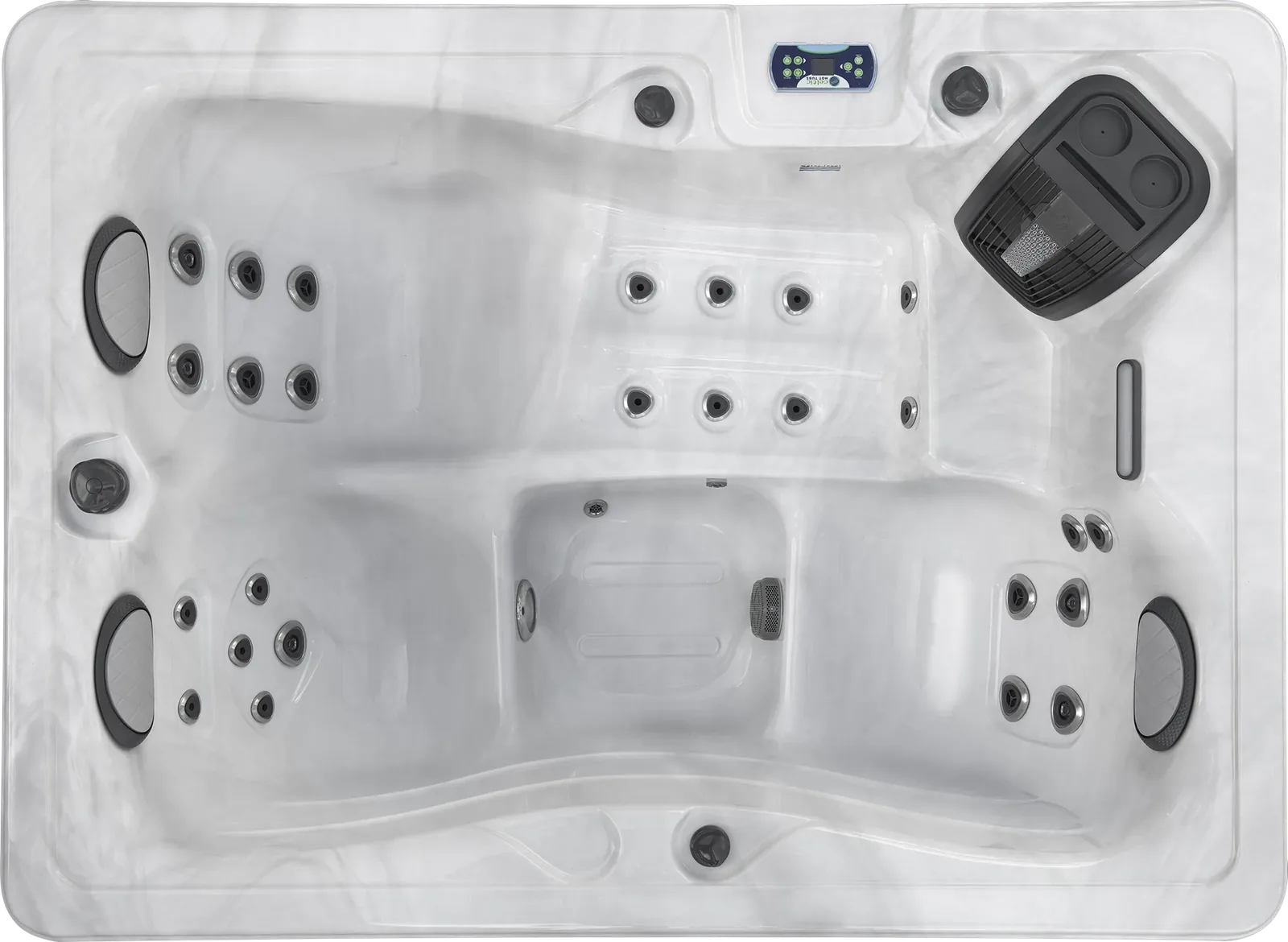 Bovenaanzicht van de Celtic Kozy 126S, een compacte jacuzzi voor twee personen met ligbank