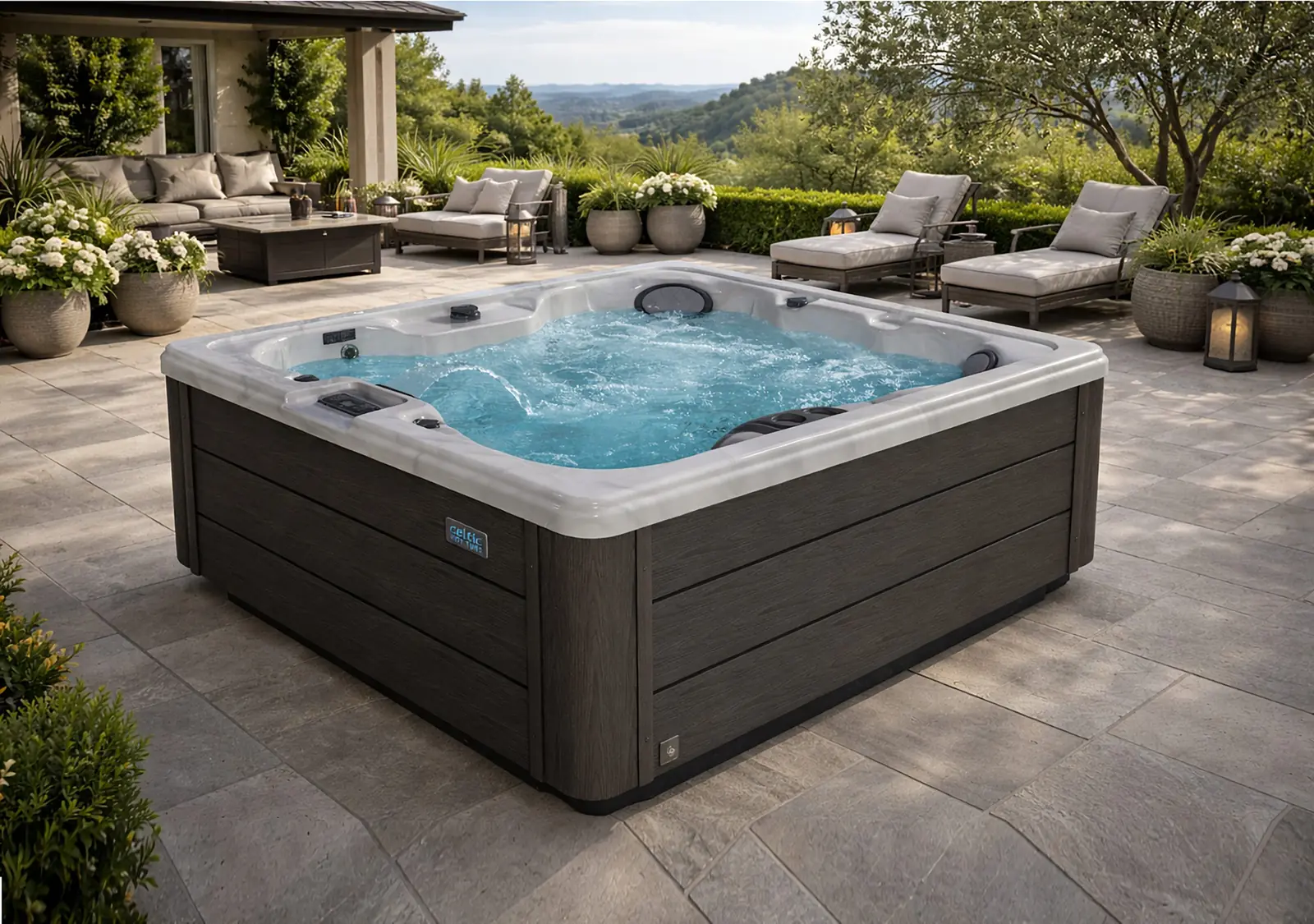 Vierkante jacuzzi met bruisend water en donkere houtlook-zijpanelen op een terras met ligbedden, de Celtic Solstice 122S