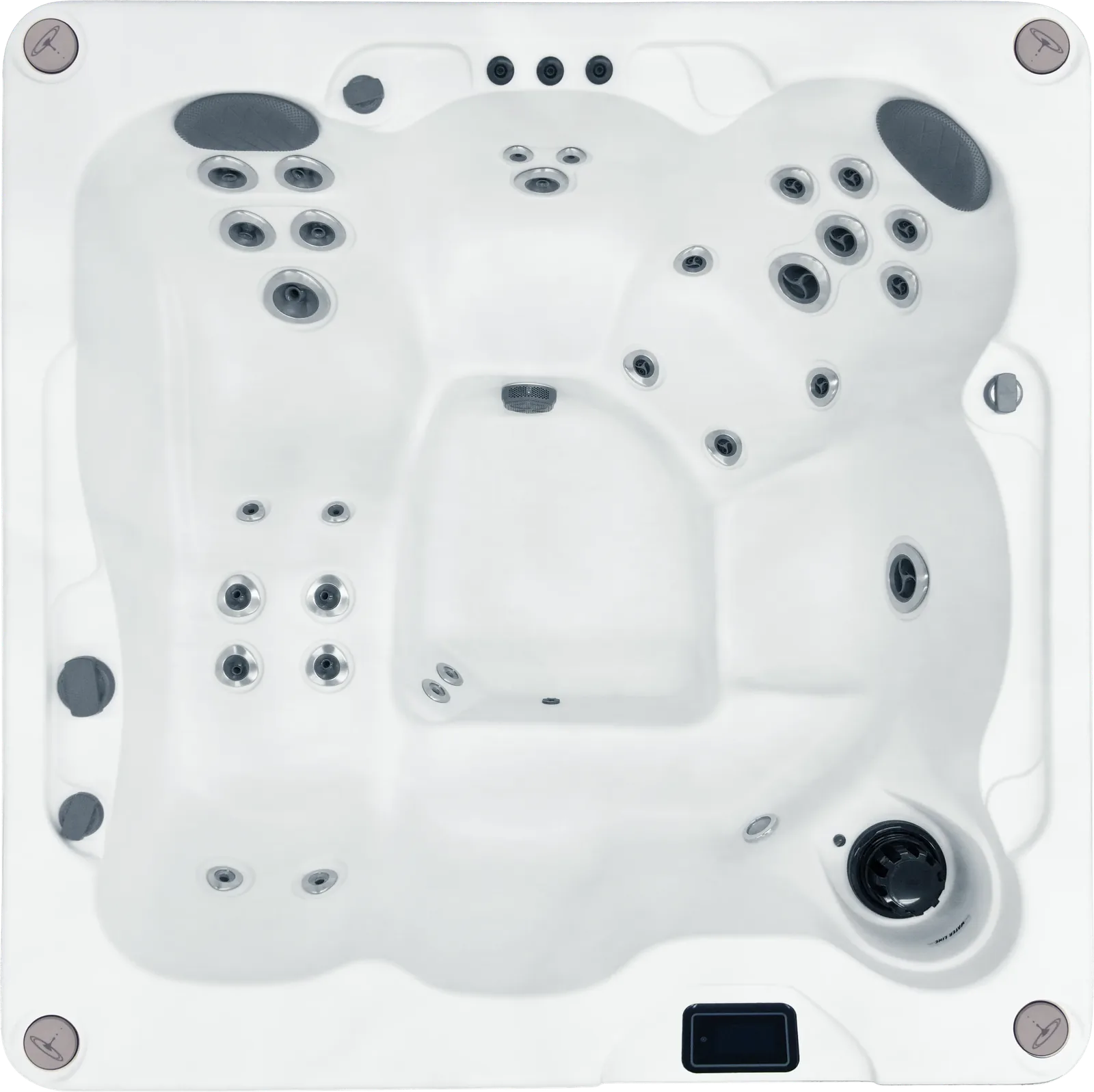 Bovenaanzicht van de Harmonic H166L jacuzzi voor zes personen met ligbank, uit de 1-Pump-serie