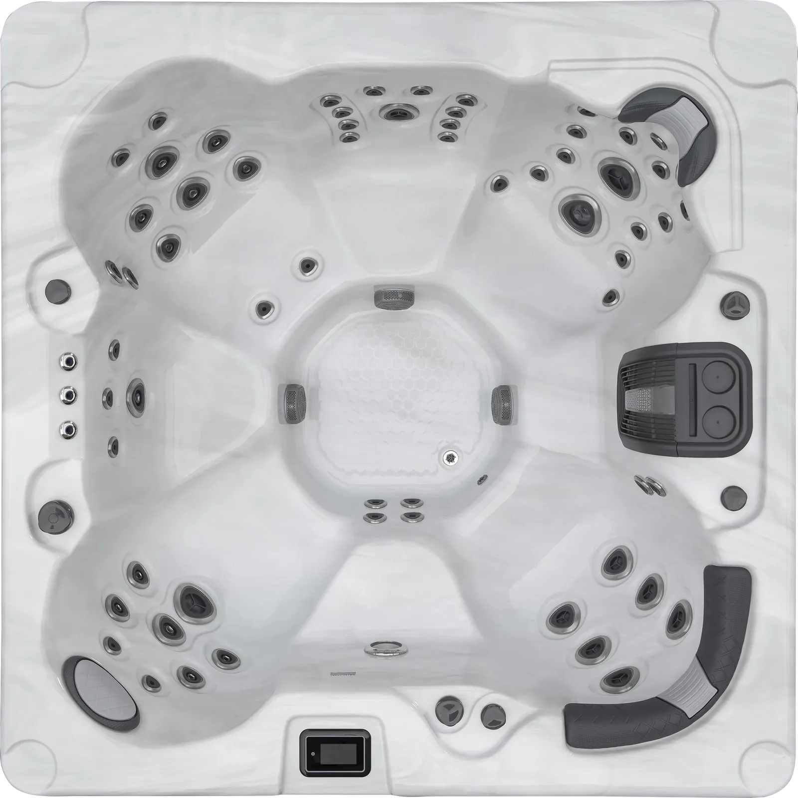 Bovenaanzicht van de Harmonic H277B jacuzzi voor zeven personen, volledig ingericht met zitplekken