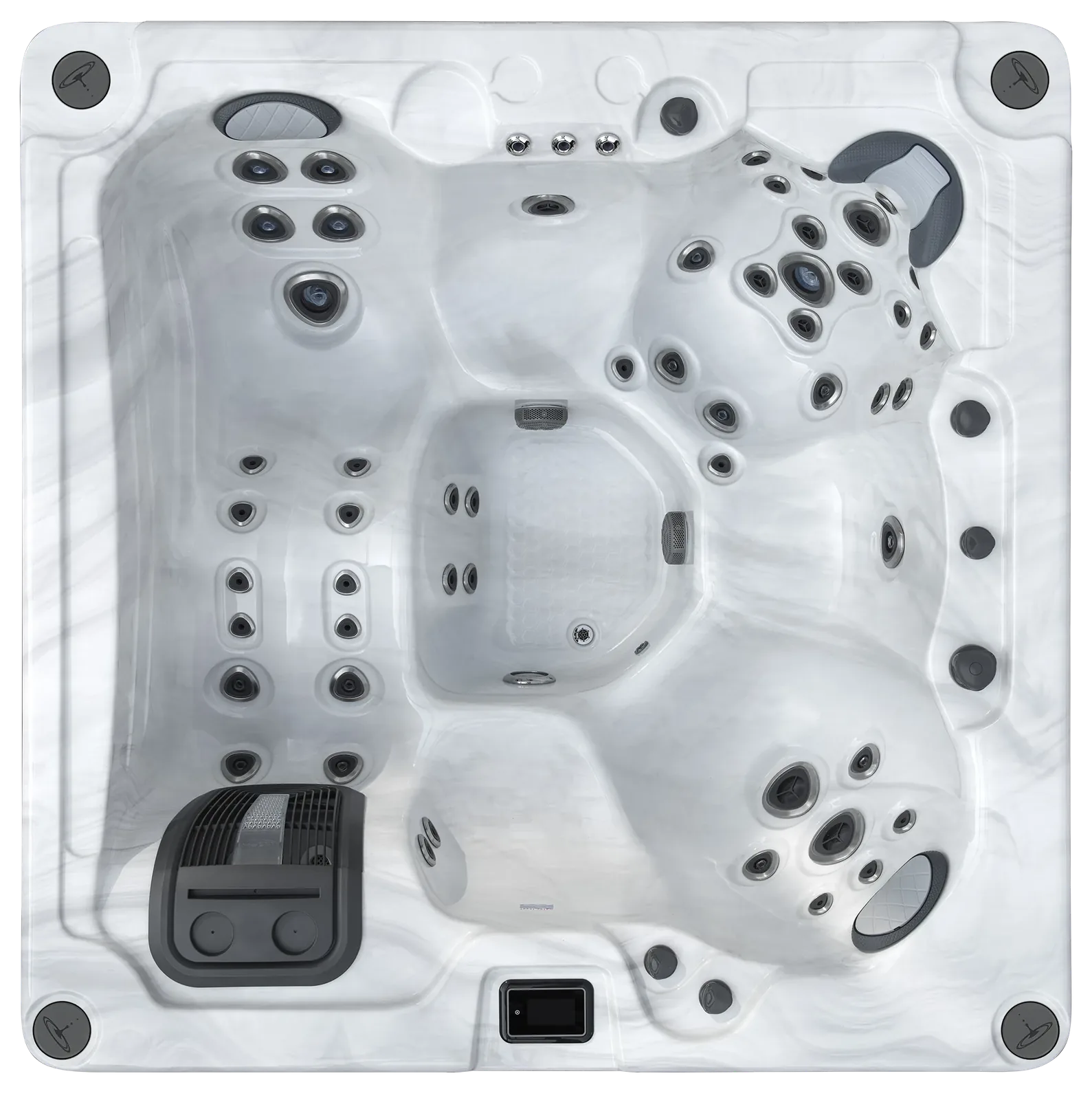 Bovenaanzicht van de Harmonic H277L jacuzzi voor zes personen met ligbank, geschikt voor een gemiddelde tuin