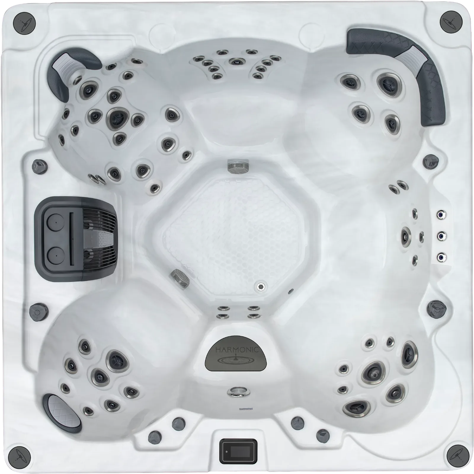 Bovenaanzicht van de Harmonic H288B, een vierkante jacuzzi voor zeven personen met bankopstelling