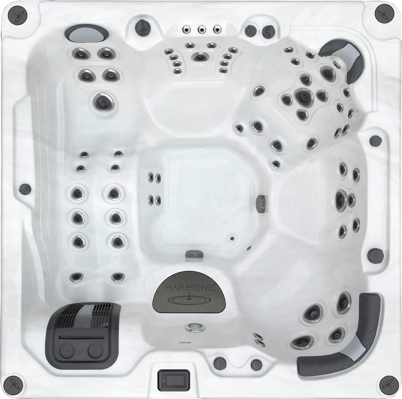 Bovenaanzicht van de Harmonic H288L jacuzzi voor zes personen met een volledige ligbank