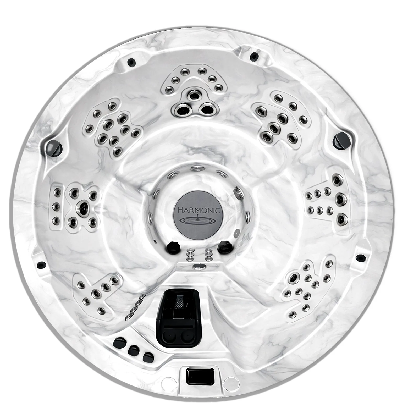 Bovenaanzicht van de ronde Harmonic H28RB jacuzzi voor acht personen, met acht zitplekken rond een open midden