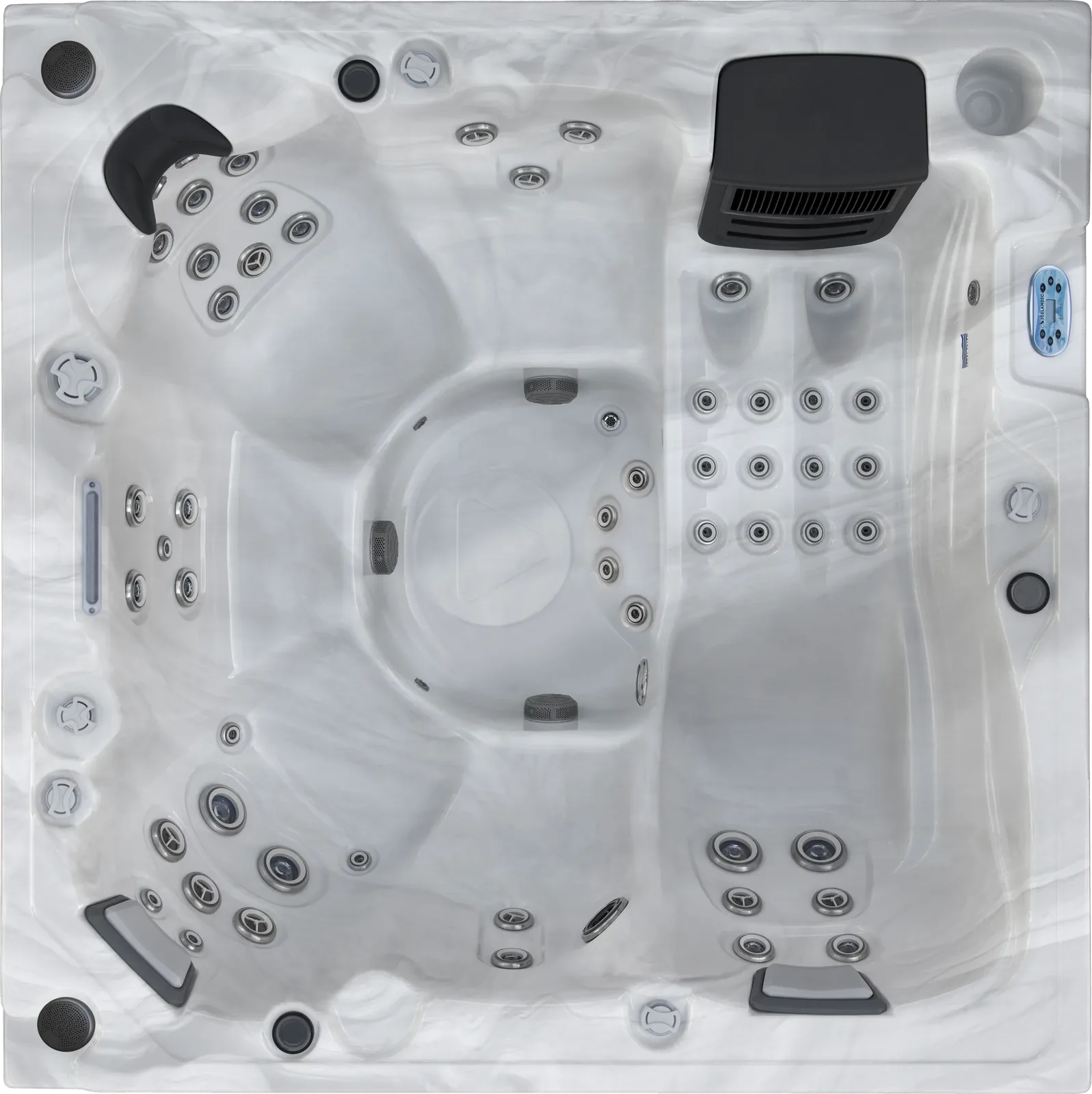 Bovenaanzicht van de Icelandic Cascade jacuzzi, met vijf zitplekken en een ligbank rond een verzonken voetenkuil