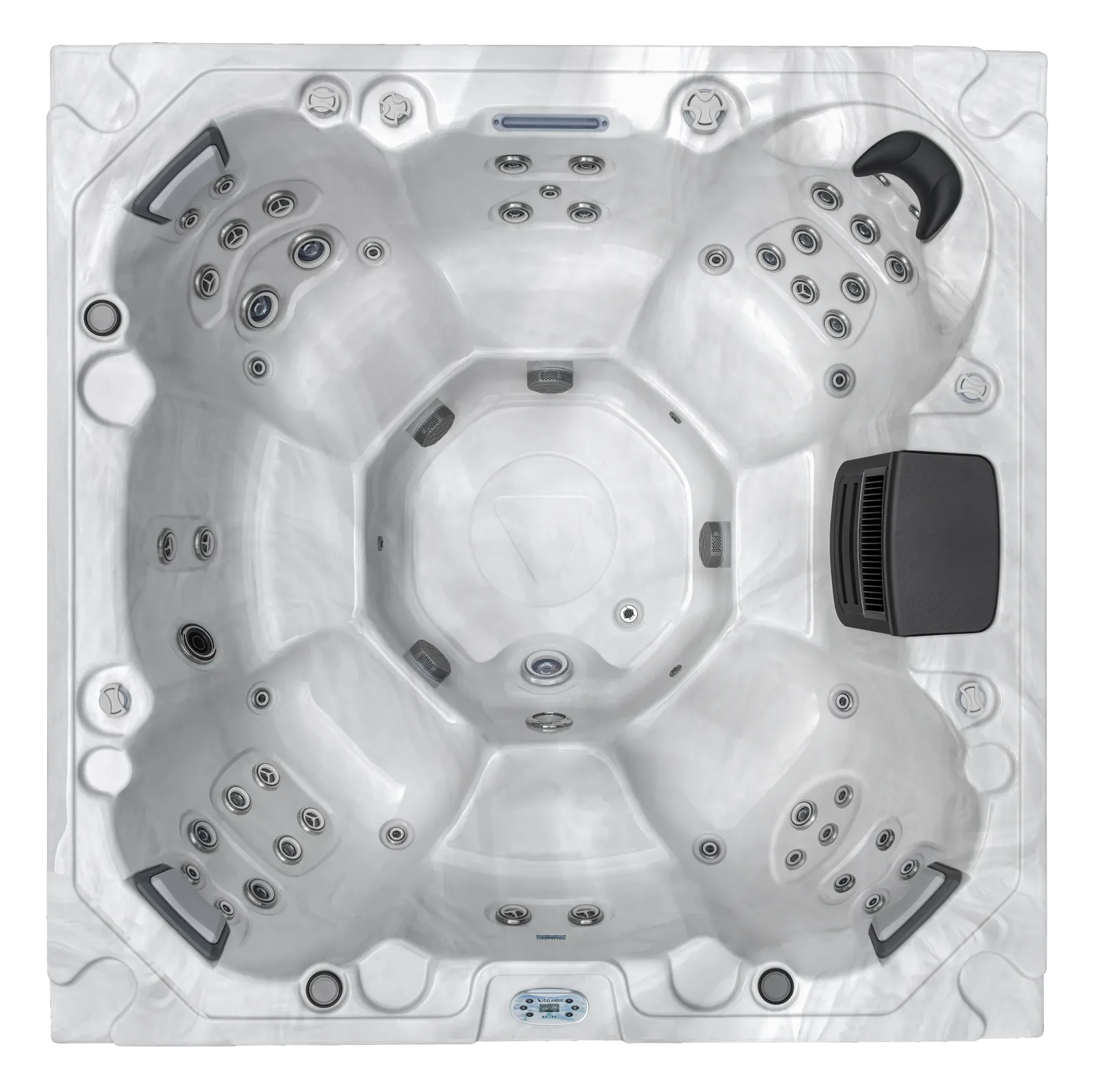 Bovenaanzicht van de Icelandic Fontana, een jacuzzi met open plattegrond voor zeven personen zonder ligbank