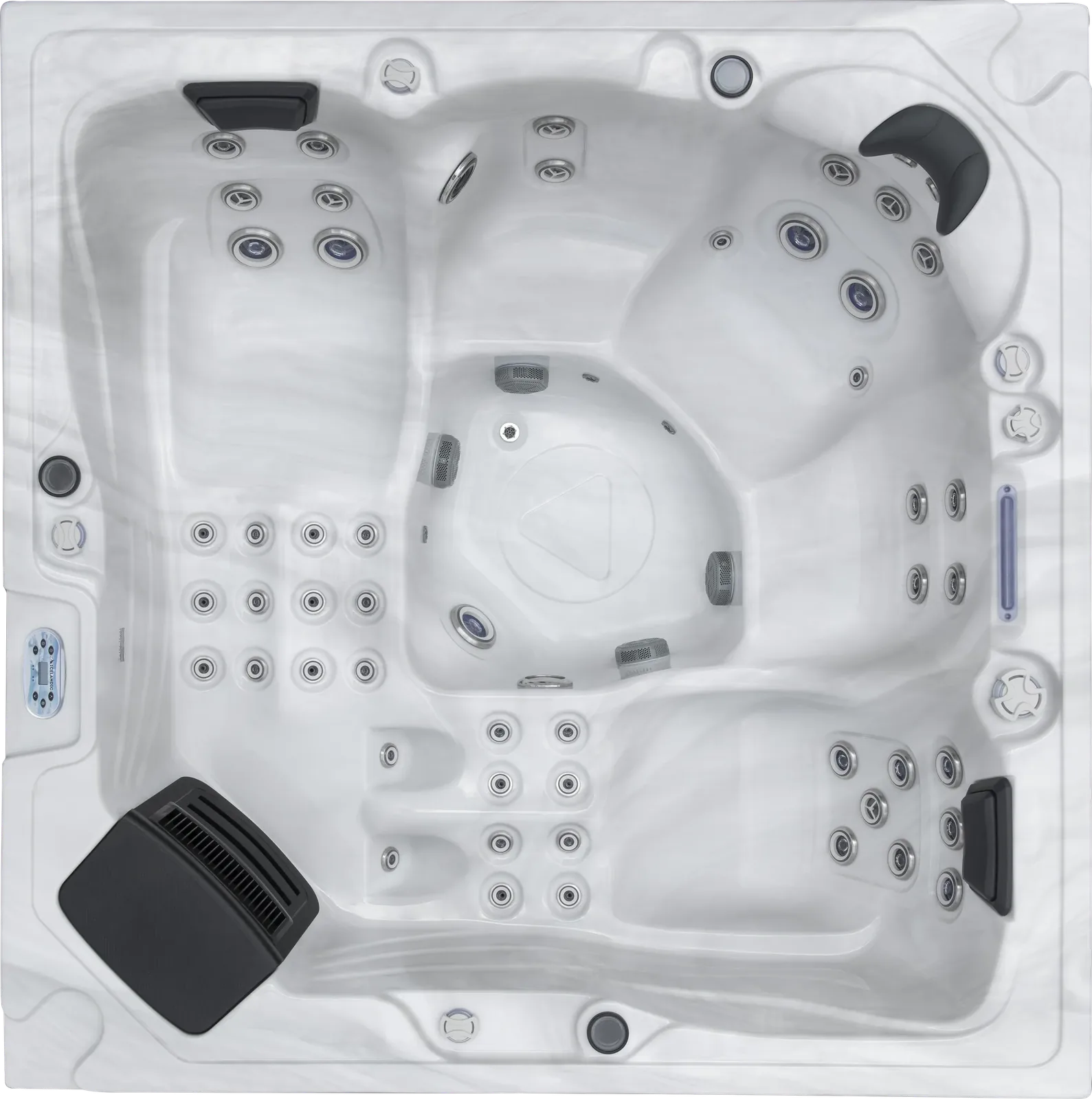 Bovenaanzicht van de Icelandic Soluna jacuzzi met twee tegenover elkaar liggende ligbanken