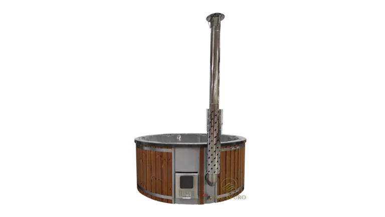 Mojodas Paris hottub voor 5 personen met geintegreerde houtkachel, met het AquaVuro-watermerk