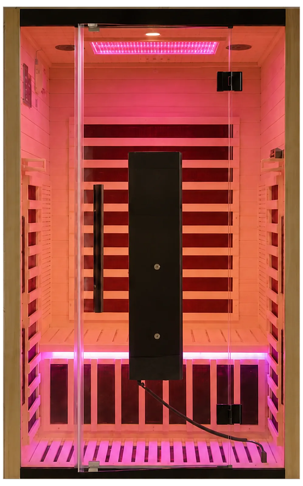Icelandic Wellness Aura 620, een infraroodsauna met roodlichttherapie voor twee personen, glazen deur en rood verlichte cabine