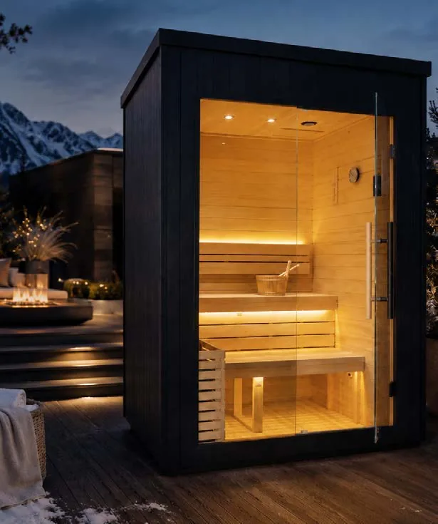 Compacte buitensauna van Icelandic Wellness met een zwarte buitenwand en een glazen deur, binnen licht hout met twee banken en warme ledverlichting, op een houten terras bij avond met besneeuwde bergen