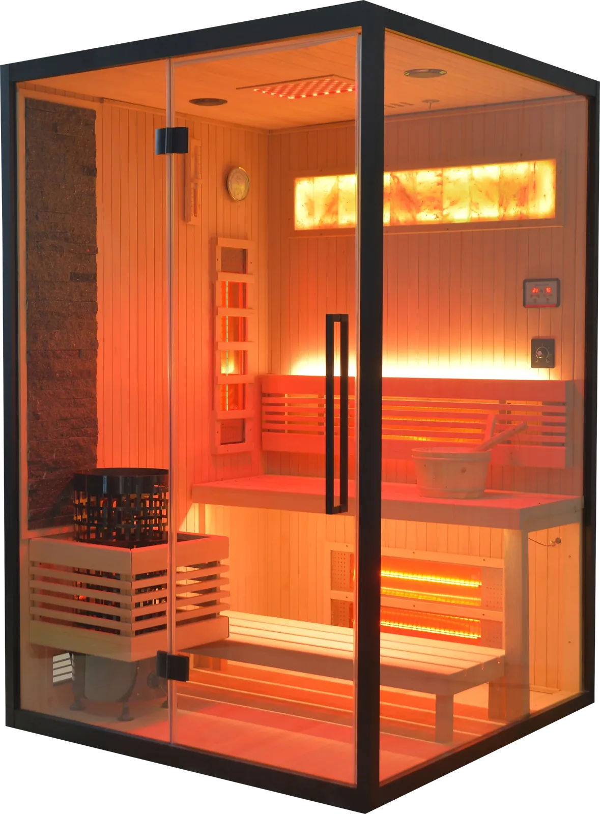 Icelandic Wellness Fusion Combo 720, een hybride sauna met infraroodpanelen en steenkachel voor twee tot drie personen, met glazen front en houten banken