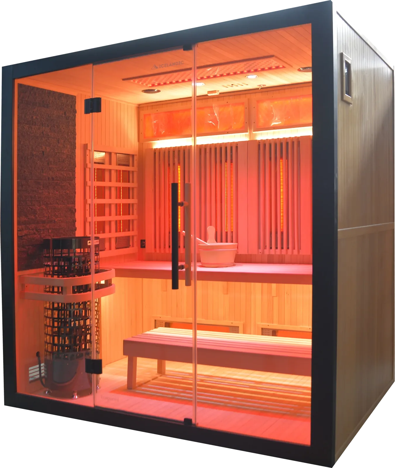 Icelandic Wellness Fusion Combo 830, een hybride sauna voor vier personen met infrarood en steenkachel achter een glazen front