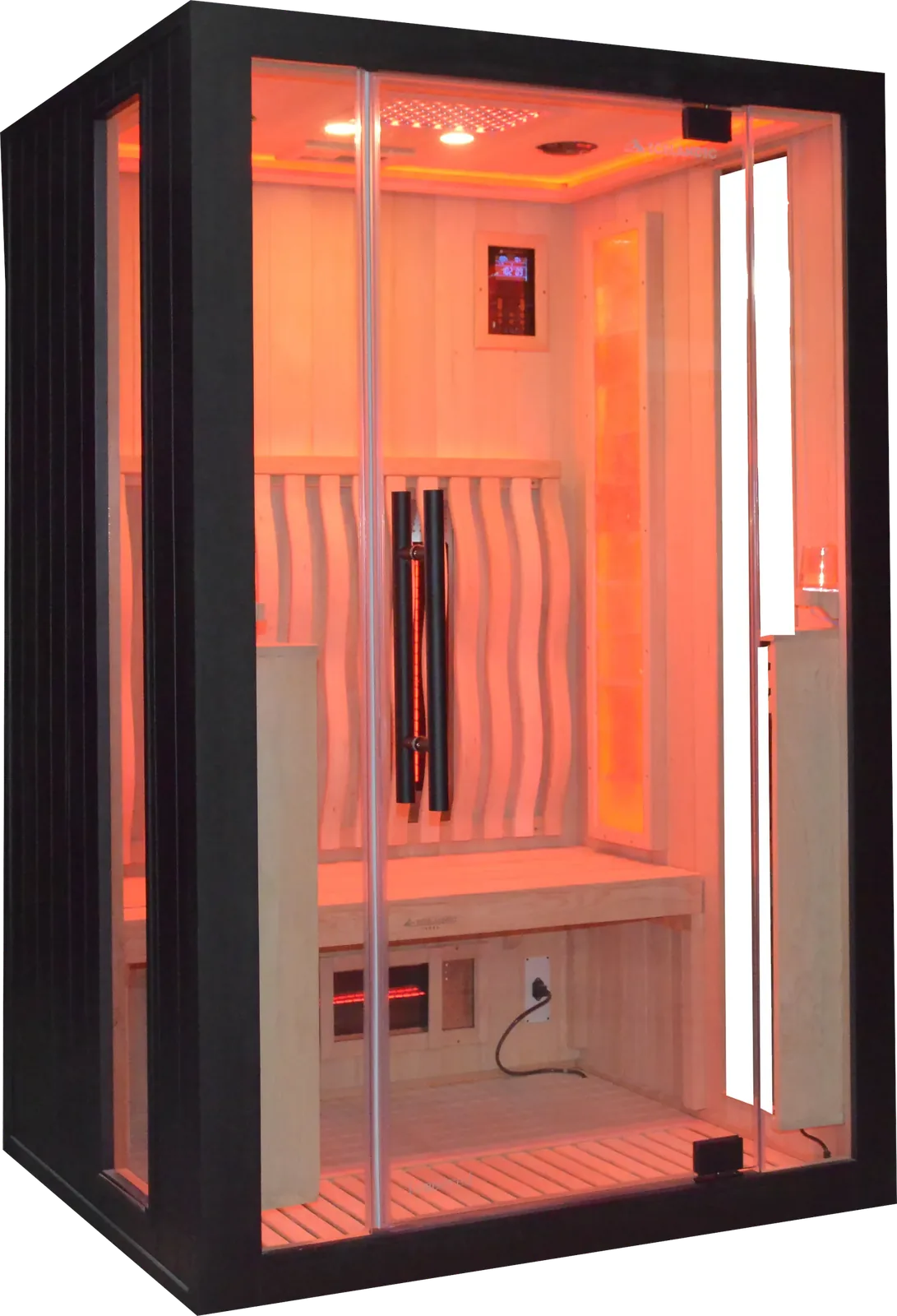Icelandic Wellness Himalayan 620, een full spectrum infraroodsauna voor twee personen met zwarte omlijsting, glazen deur en verlicht zoutblok
