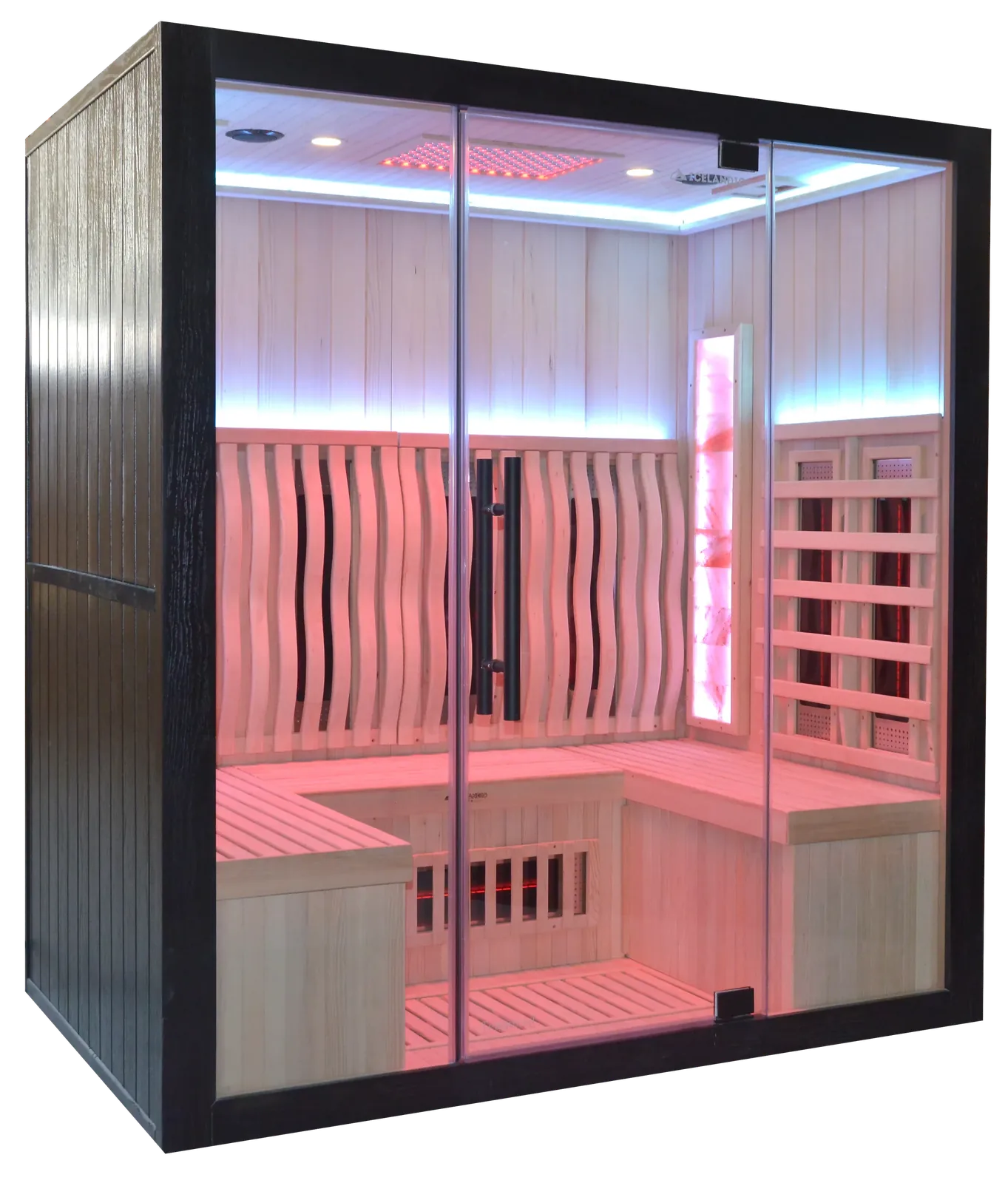 Icelandic Wellness Himalayan 630, een full spectrum infraroodsauna voor vier personen met glazen front en gekleurde chromotherapieverlichting
