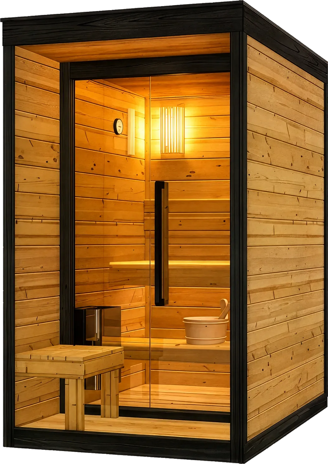 Icelandic Wellness Husavik 520, een buitensauna voor twee personen van thermo-spruce met volglazen deur, donkere omlijsting en wandkachel met stenen