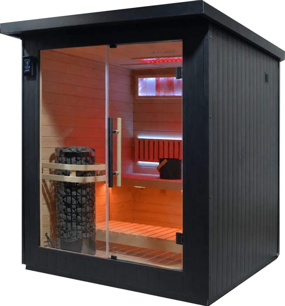 Icelandic Wellness Reyk 520, een buitensauna voor twee personen met zwarte aluminium buitenwand, waterdicht dak en steenkachel achter glas