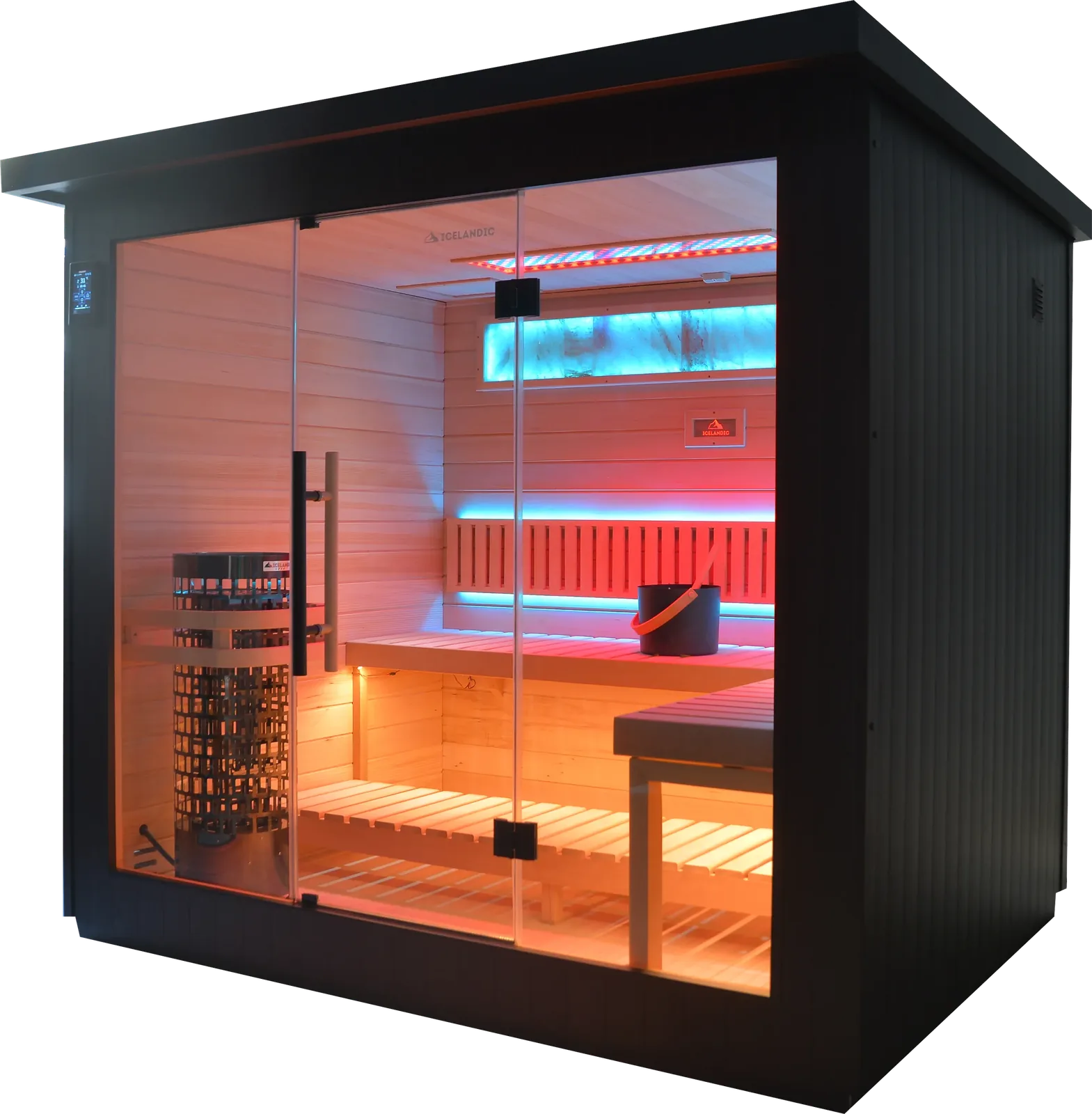 Icelandic Wellness Reyk 550, een buitensauna voor vijf personen met zwarte buitenwand, groot glazen front en steenkachel van 9 kW