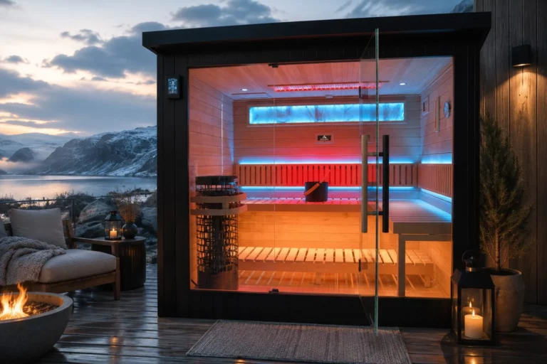 Icelandic Wellness Reyk 550 buitensauna met glazen front, licht houten interieur met blauwe en rode ledverlichting en een steenkachel, op een terras aan het water met besneeuwde bergen bij schemering