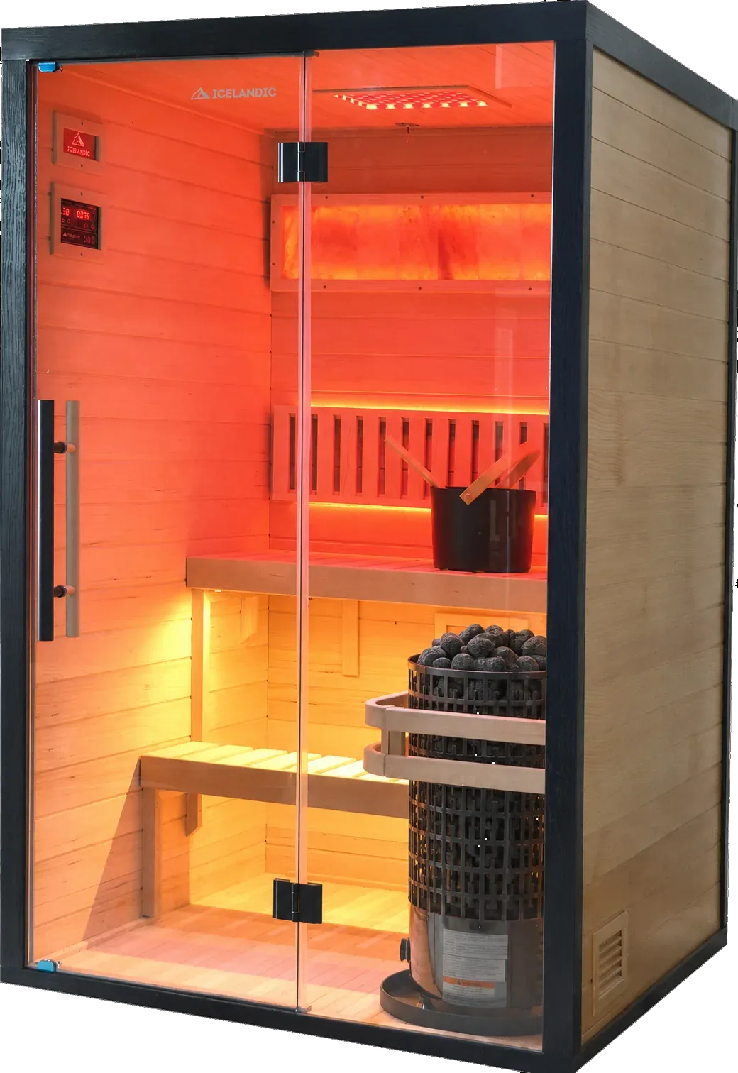 Icelandic Wellness TimberSteel 420, een traditionele sauna voor twee personen met steenkachel, glazen deur en hemlockhouten cabine