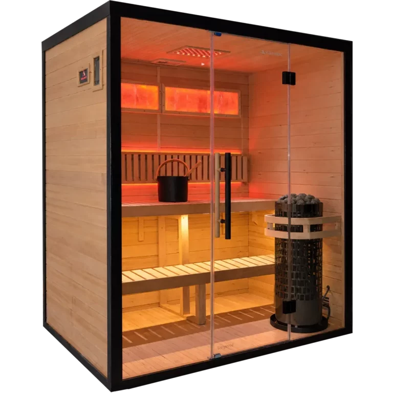 Icelandic Wellness TimberSteel 430, een traditionele sauna voor drie personen met steenkachel en verlicht zoutblok achter glas
