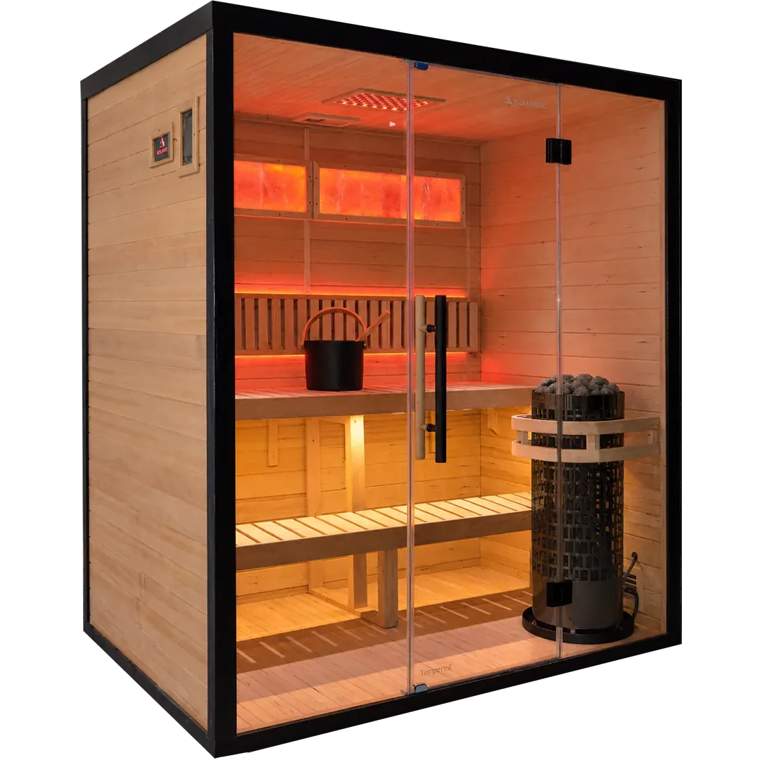 Icelandic Wellness TimberSteel 430, een traditionele sauna voor drie personen met steenkachel en verlicht zoutblok achter glas
