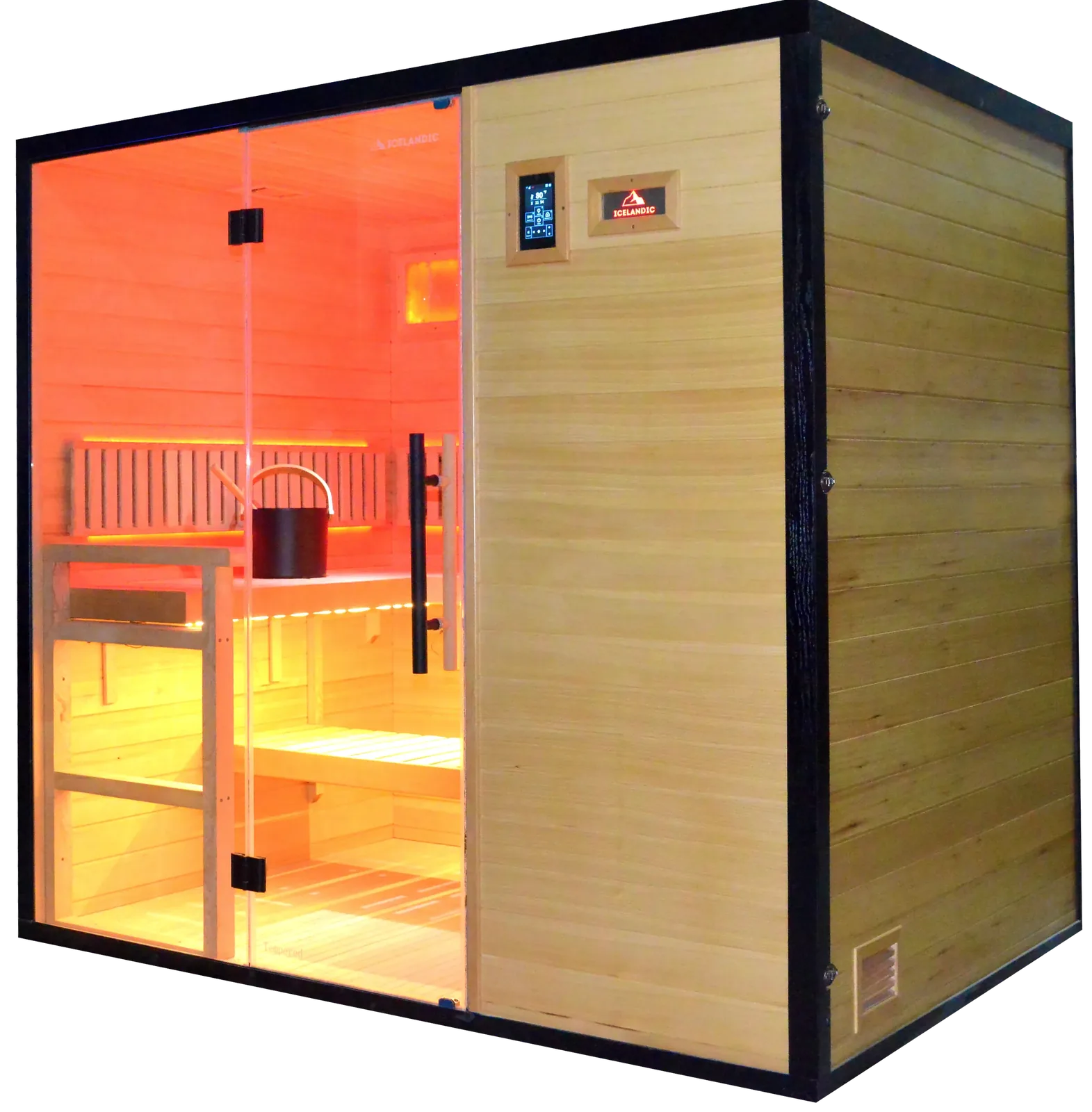 Icelandic Wellness TimberSteel 450, de grootste traditionele binnensauna voor vijf personen met steenkachel van 9 kW en glazen front