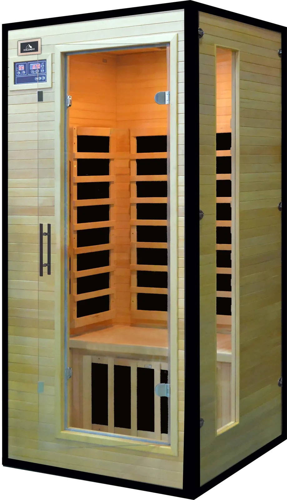 Icelandic Wellness Valo 410, een infraroodsauna voor een persoon in licht hemlockhout met glazen deur en carbonpanelen langs de wanden