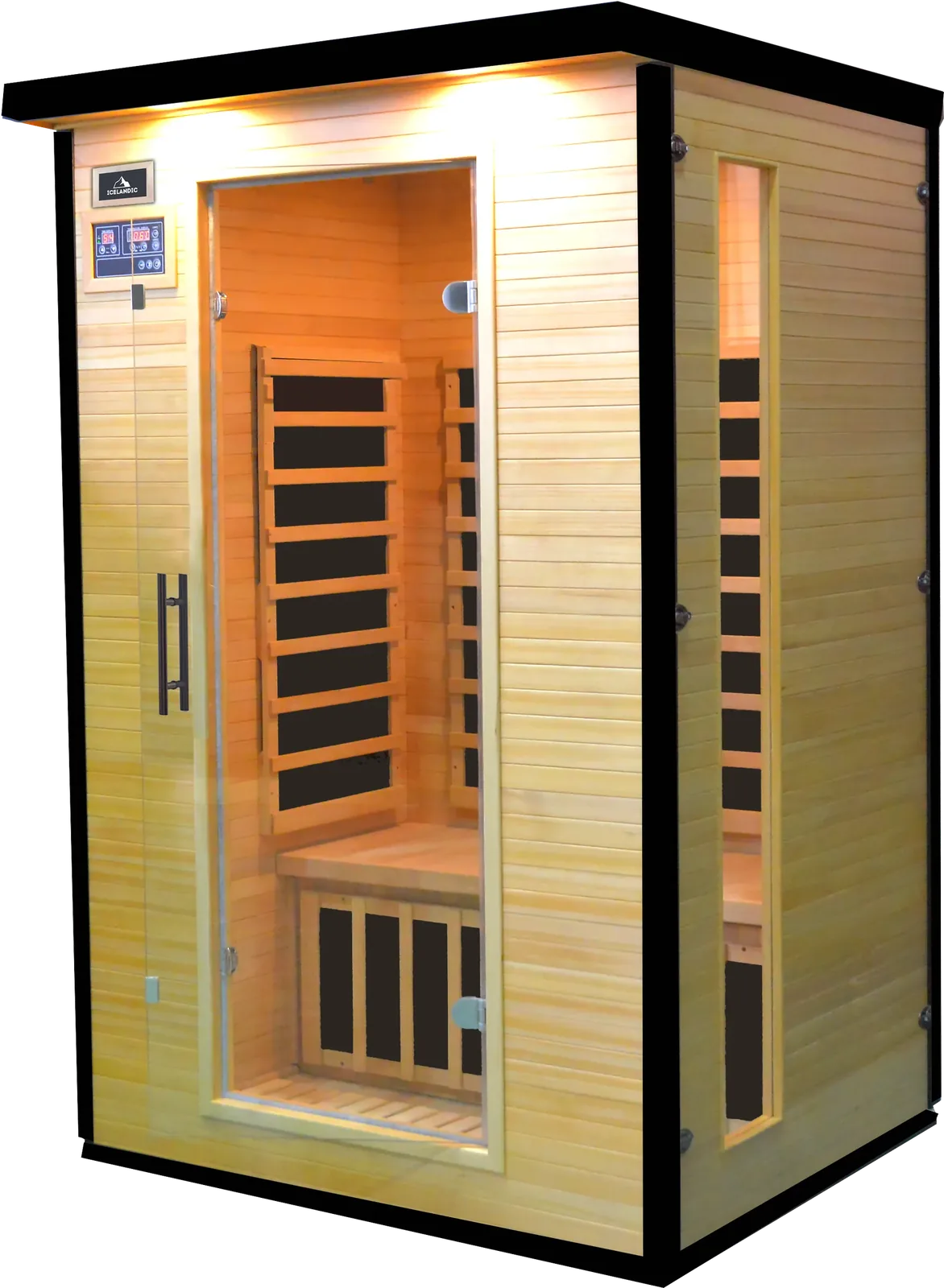 Icelandic Wellness Valo 420, een infraroodsauna voor twee personen met glazen front, bedieningspaneel en carbonpanelen
