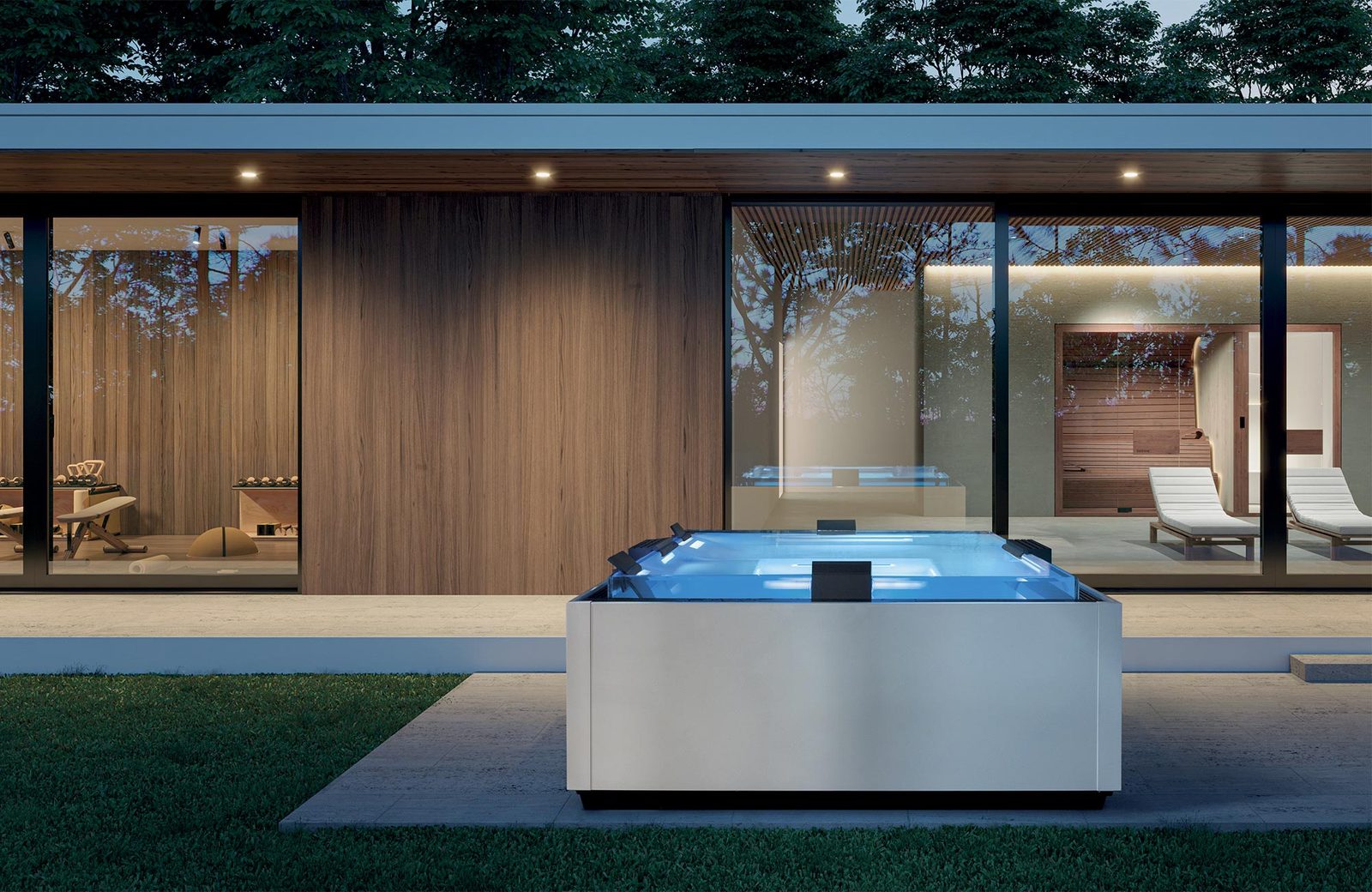 Ingebouwde spa van Gruppo Treesse, model Ice, opgesteld bij een tuinpaviljoen met sauna