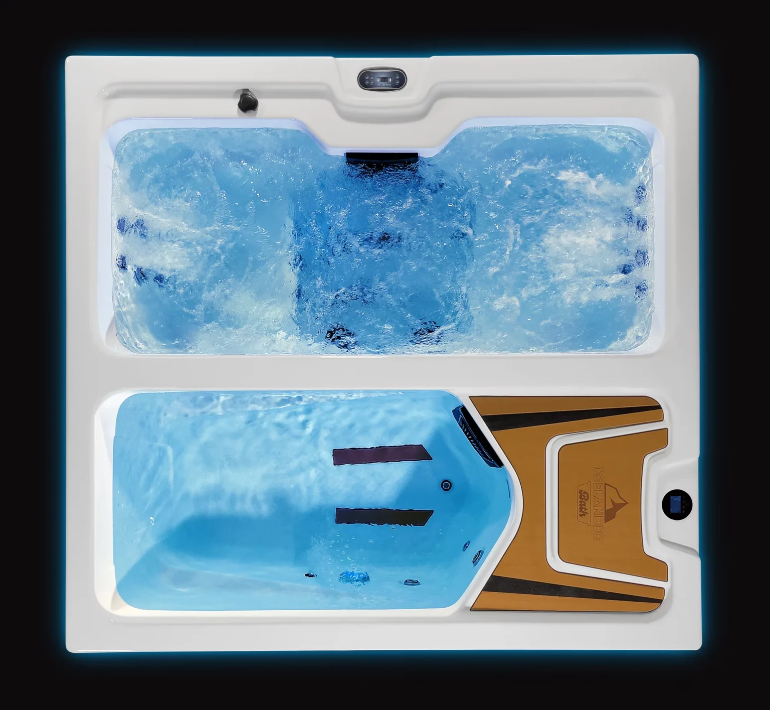Icelandic Fire & Ice van bovenaf, een warm bubbelbad en een ijsbad met donkerblauw water in één toestel, voorbeeld van de ijsbaden bij AquaVuro