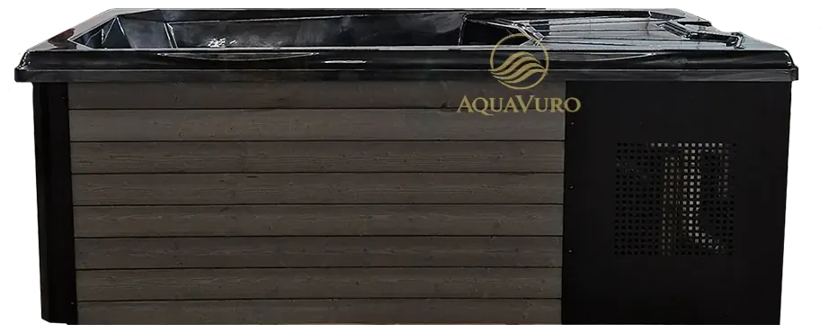 Mojodas Arctic met chiller, een liggend ijsbad met grijze bekleding en een ingebouwde zwarte koelunit met ventilatierooster aan de zijkant