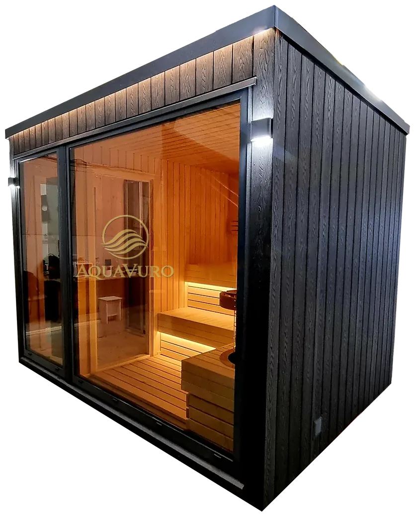 Mojodas Coziness, een zwarte buitensauna met een grote glazen voorgevel, verlichte houten banken binnen en ledverlichting langs de dakrand