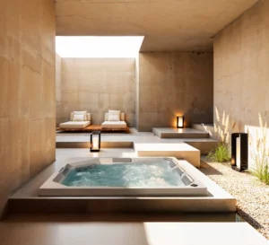 Gruppo Treesse Aquadvance 225, een vierkante ingebouwde spa met bruisend water in een betonnen patio