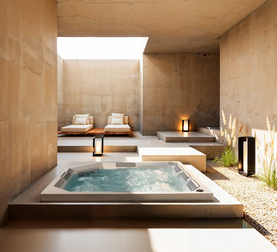Gruppo Treesse Aquadvance 225, een vierkante ingebouwde spa met bruisend water in een betonnen patio
